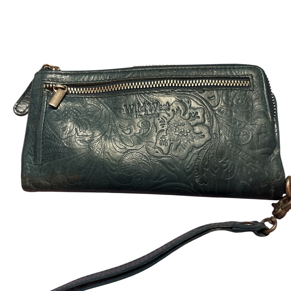 WILD WEST Los Angeles Tooled Genuine Leather Flat Embossed Teal  Wristlet